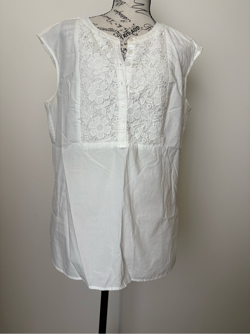 Talbots White Sleeveless Lace-Front Cotton Blouse